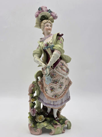 Antique 19th C German Dresden Style Porcelain Lady Figurine Bocage 16” Figure.