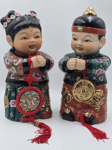 XL 15 inch Vintage Chinese Boy & Girl Prosperity Figurines Pair Good Luck Wealth