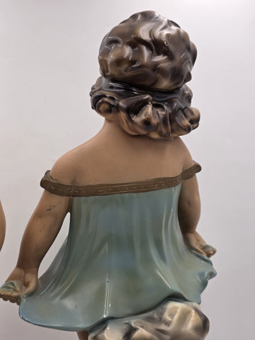 Paor huge 1920 French Art Deco Chalkware polychrome boy & girl figurine statues