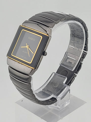 Vintage Rado Rectangular Quartz Watch Black Dial Gold Trim Swiss Design. Works.