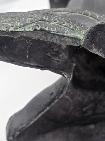 Antique Old China Bronze Ware Dynasty Dragon Head Kneel People Drum Statue 15 in