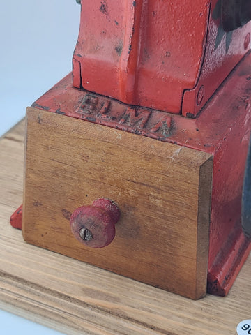 Vintage Elma Big Wheel Coffee Mill Grinder Cast Iron Wheel Mounted On Wood Base