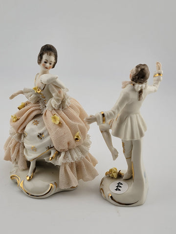 Set Of 2 Antique 19th C Victorian Dersden Germany Laced Figurine Man & Lady.