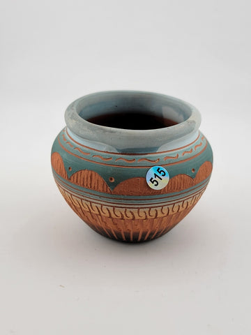 NAVAJO ENGRAVED RED CLAY POTTERY, GLAZED INSIDE VASE. *SIGNED T. TOM DINI "2000"