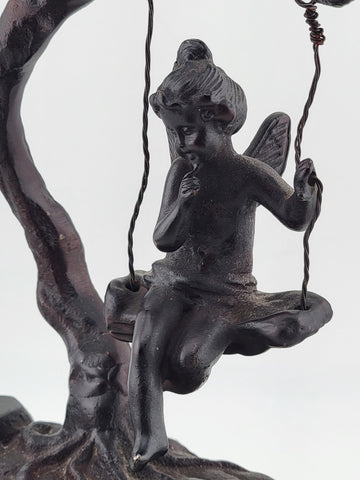 Antique Bronze Statue After Moreau Angel Swinging from Tree On A Marble Base.