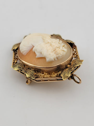 Antique Art Deco 10K Gold Portrait carved shell pendant brooch 1&1/4 inch.