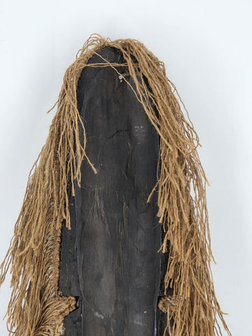 Vintage 40” West African Hand Carved Wood Mask Raffia Fringe Tribal Wall Art