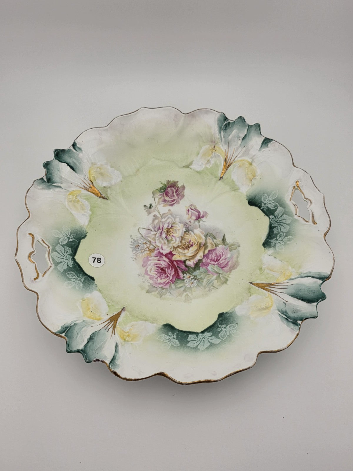 Antique R.S. PRUSSIA RED MARK PORCELAIN Plate w/ ROSES DECORATION & 2 HANDLES