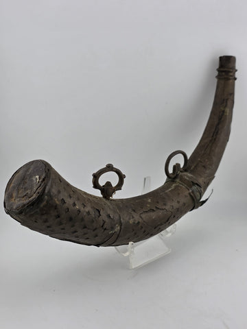 Rare Antique Ornate 19thC Brass Steel Islamic Black Powder Horn Shot Flask C1850