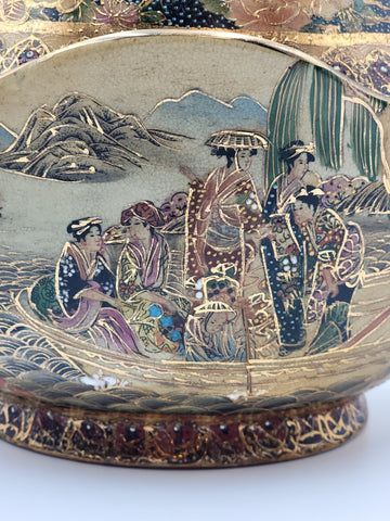 Vintage Satsuma Hand Painted Gold Gilded Bowl Urn Compote W Lid Fritz. Extra Lid