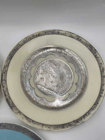 Set of 3 Antique Czech Silver Inlaid Enamel Fairy Plates c.1910 Art Nouveau