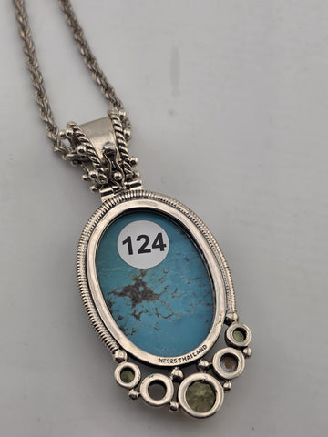 Vintage Large 925 Sterling Silver Turquoise Peridot Pearl Pendant Necklace. Read