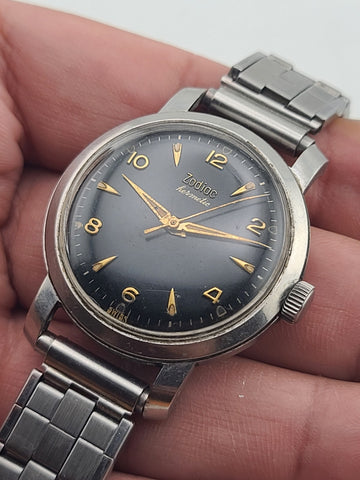 Vintage 1950 Zodiac Hermetic Swiss Black Dial Gilt Numerals Manual Watch. Works