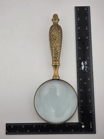 Vintage Mid Century Modern Brass Hand Held Magnify Glass W/ Ornate Handle.
