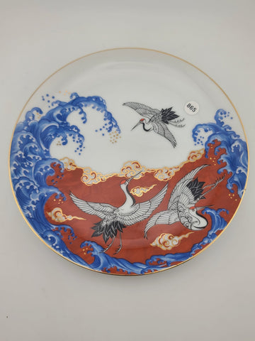 Set 4 Plates & 2 Lidded Jars Takahashi Japan Kutani Style Crane &Wave Porcelain