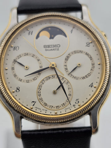Vtg Seiko Chronograph Moon Phase White Dial Watch – 7F39-6029. Japan 1989 Works