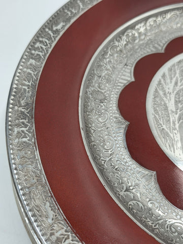 Set of 3 Antique Czech Silver Inlaid Red Enamel Fairy Plates c.1910 Art Nouveau