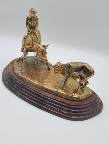 15 In Jim Reno Cutting Horse &Steer Rodeo Brass Trophy Sculpture Gold Color NCHA
