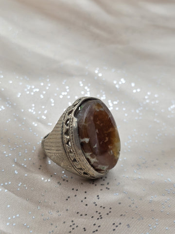 Antique Islamic Silver Agate Aqeeq Men's Ring Large Cabochon Middle Eastern