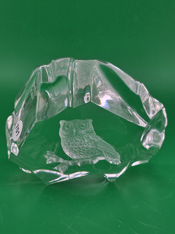 Crystal Paperweight Etched Owl On Branch Art Glass Clear