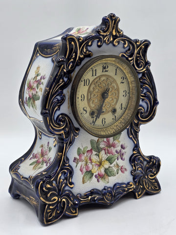 1889 WATERBURY Parlor No.98 Victorian Cobalt Blue Porcelain Ceramic Mantel Clock