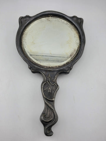 Antique Art Nouveau Silver Cupid Cherub Angel Figural Hand-Held Vanity Mirror
