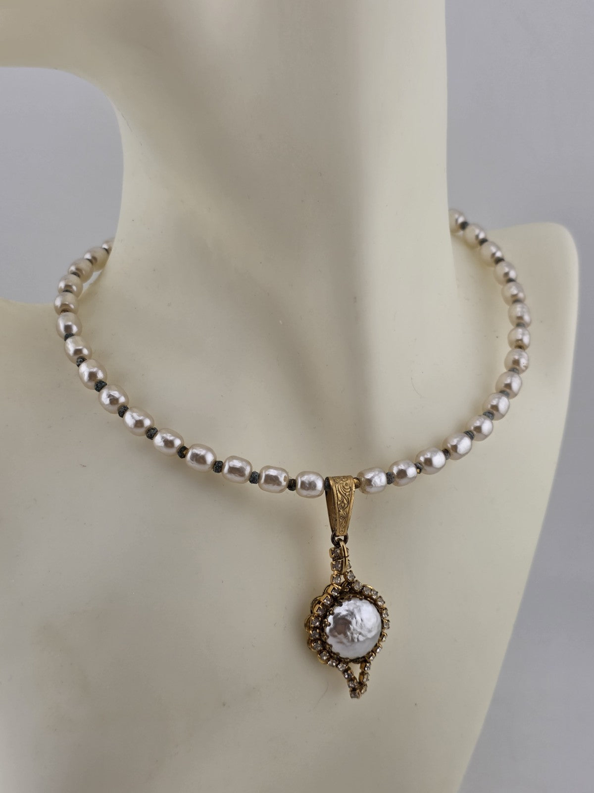 Vintage 1950's Miriam Haskell Glass Pearl Necklace/ Chocker Rhinestone Pendant