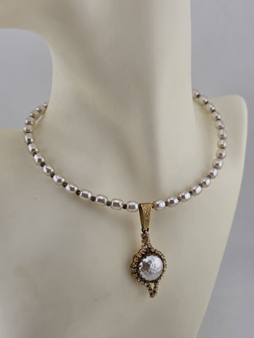 Vintage 1950's Miriam Haskell Glass Pearl Necklace/ Chocker Rhinestone Pendant