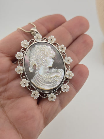 Large Sterling Silver Mother of Pearl Cameo Pendant Necklace Floral Frame 925