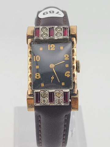 Vintage 1940's Lucerne 17J Art Deco Rectangular Rhinestone Ruby Swiss Watch