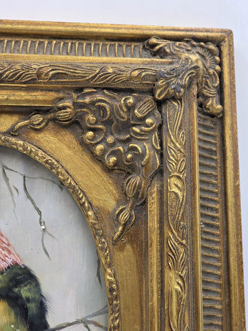 Antique Gilt Baroque Style Wood Framed Bird Painting On Wooden Oval Panel Decor.