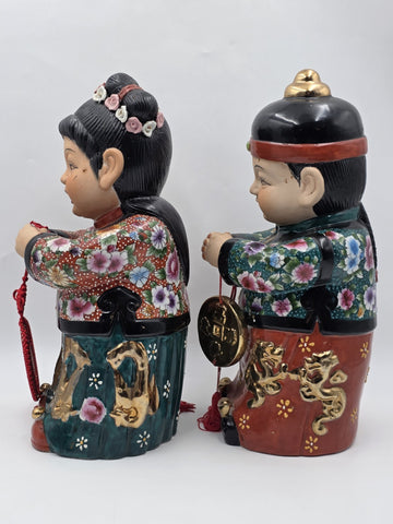 XL 15 inch Vintage Chinese Boy & Girl Prosperity Figurines Pair Good Luck Wealth