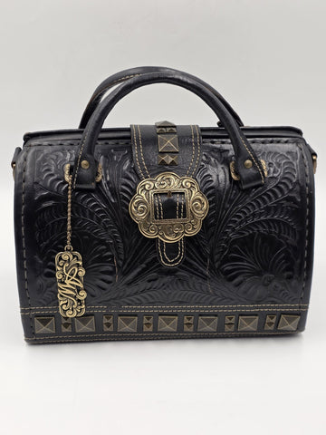 American West Brown Tooled Structured Leather Doctor Style Satchel Shoulder Bag