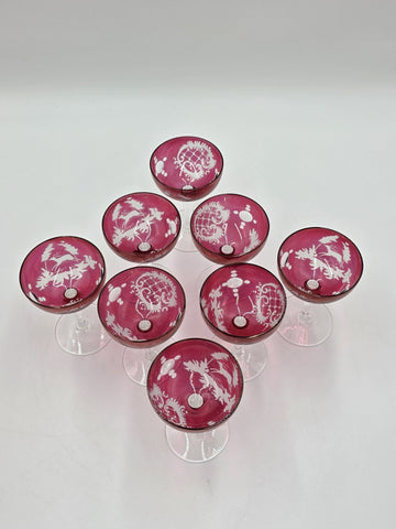 Rare Set Of 8 Antique Edwardian Wine Cranberry Glass Engraved Etched & Pitcher.