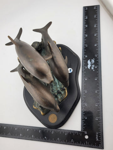 Vintage SPI Three Bronze Dolphin  Leaping Sculpture Figurine Signed  Marble Base