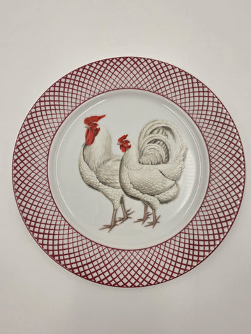 Set of 4 Devonshire Haldon Dinner Plates White Black Rooster Hen Red Lattice.
