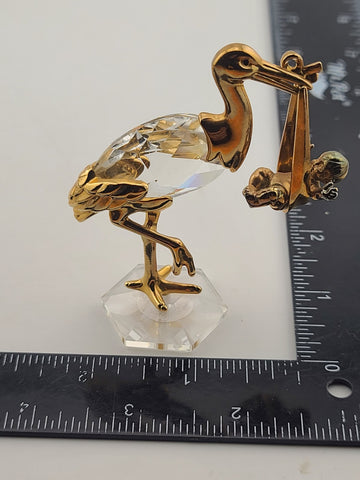 Rare Swarovski Crystal Stork Baby Figurine Gold Tone New Arrival Maternity Gift