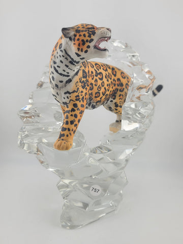 LEOPARD Porcelain Figurine Germany Lead Crystal Cliff Sculpture FRANKLIN MINT 8”