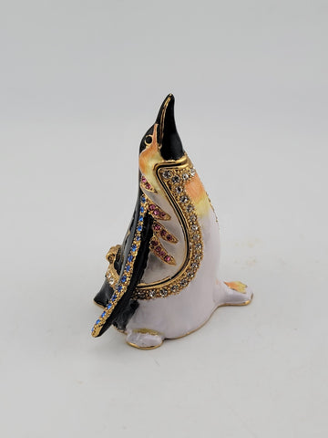 Vintage Penguin Treasure Inside Enameled Rhinestone Trinket Box In Original Box.