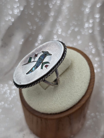 VTG  TAXCO M-5 MEXICO STERLING SILVER RING WITH BIRD INLAY MULTI COLOR STONES