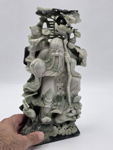 Chinese Hand Carved Natural Jadeite Jade Shou Xing Longevity Immortal Statue 12"