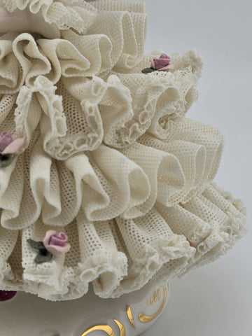 Antique C1930's Dresden Lace Porcelain Harp Lady Figurine Crown D Germany.