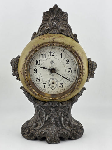 Antique F. Kroeber Metal Mantel Alarm  Clock c.1893 Ornate Victorian Windup Read