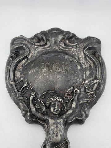 Antique Art Nouveau Silver Cupid Cherub Angel Figural Hand-Held Vanity Mirror