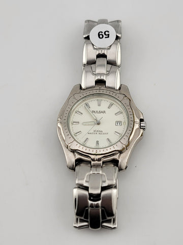 PULSAR Men's Silver Tone Stainless Steel White Dial Quartz WATCH V372-0240 Works