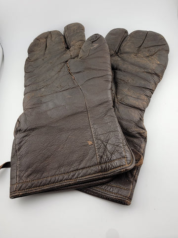 Original WW2 U.S. Navy Aviation Brown Leather Gunner's 3 Finger Gloves/Mittens