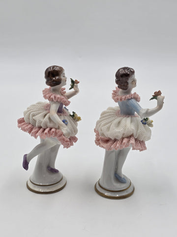 Vintage Dresden Style Porcelain Lace Ballerina Dancer Figurines Pair German 4"