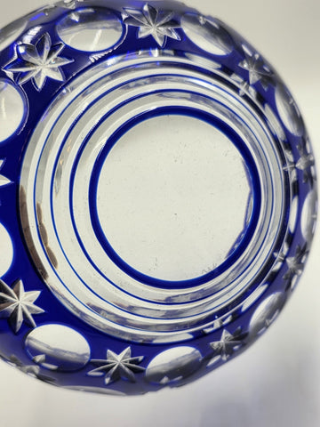 Rare Vintage Bohemian Hand Cut Crystal Glass Blue to Clear bowl SIGNED 8.75”