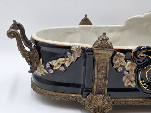 ANTIQUE XL CASTILIAN PORCELAIN BRONZE BOWL CENTERPIECE CLAWFOOT FLORAL VICTORIAN