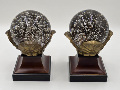 Rare Pair Of Antique Massive 6" Crystal Ball On Brass Leaves Bookends / Decor.